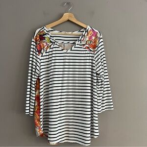 Soft Surroundings Striped Floral Blouse Classic Nautical Coastal Large *Hole